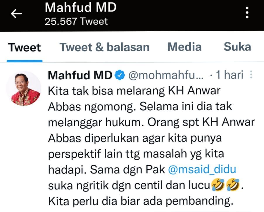 Mahfud MD menilai jika sosok Anwar Abbas diperlukan dan menyebut Wakil Ketum MUI itu mirip dengan Said Didu.*