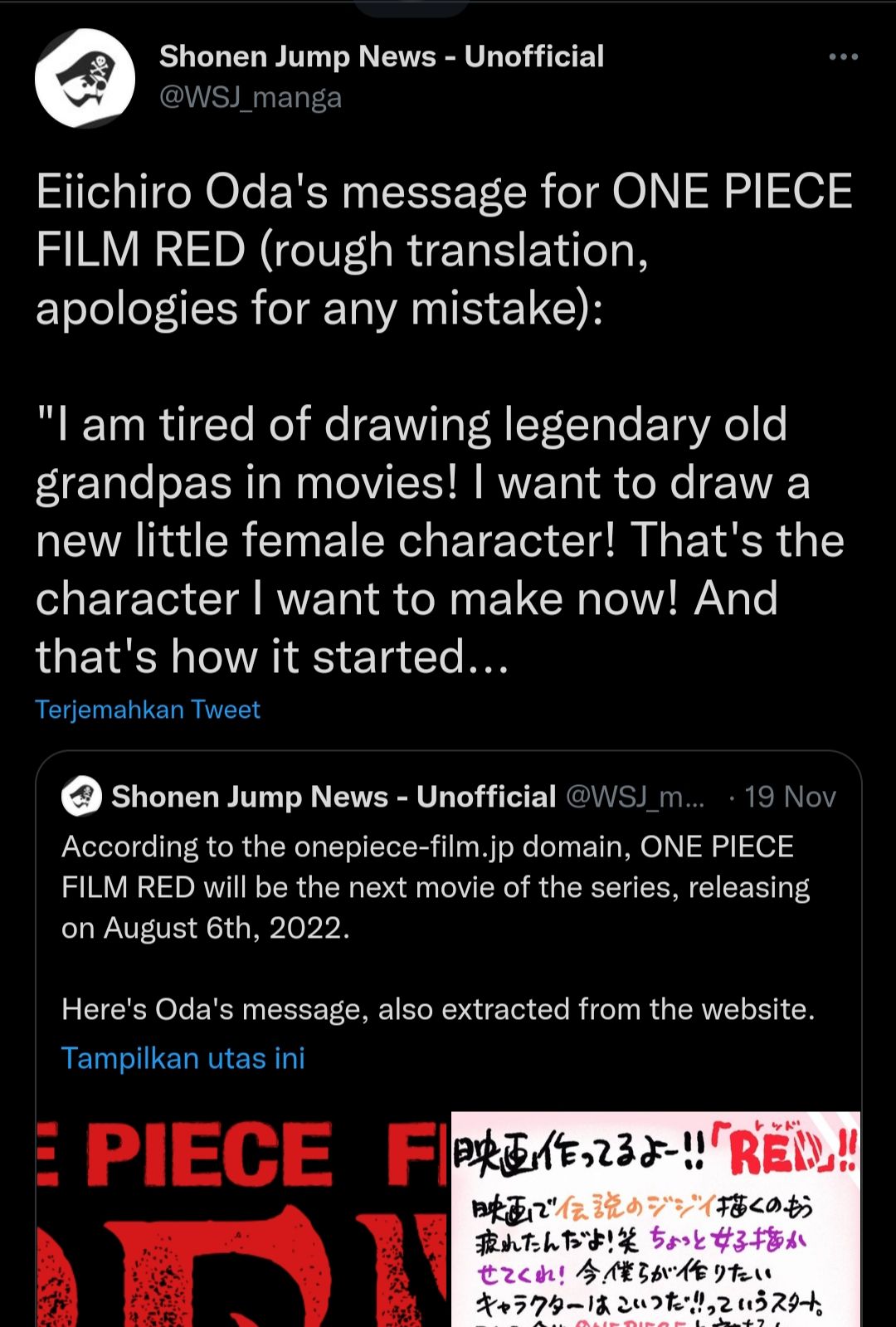 Shonen Jump menginformasikan ungkapan Eiichiro Oda mengenai rencananya untuk film One Piece Red.
