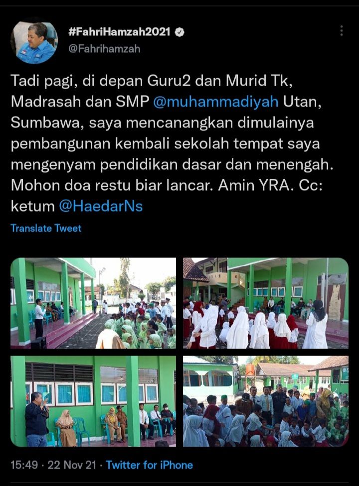 Politisi Partai Gelora, Fahri Hamzah menyebut soal pembangunan sekolah di Sumbawa dan mencolek Haedar Nasir.*