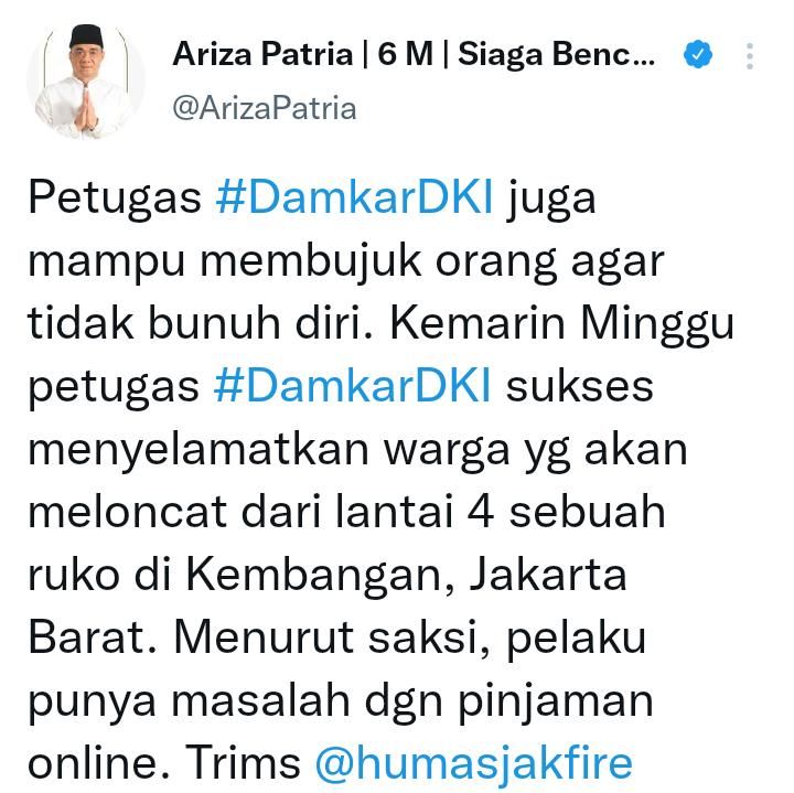 Cuitan Ariza Patria Wakil Gubernur DKI Jakarta/Twitter/@ArizaPatria.