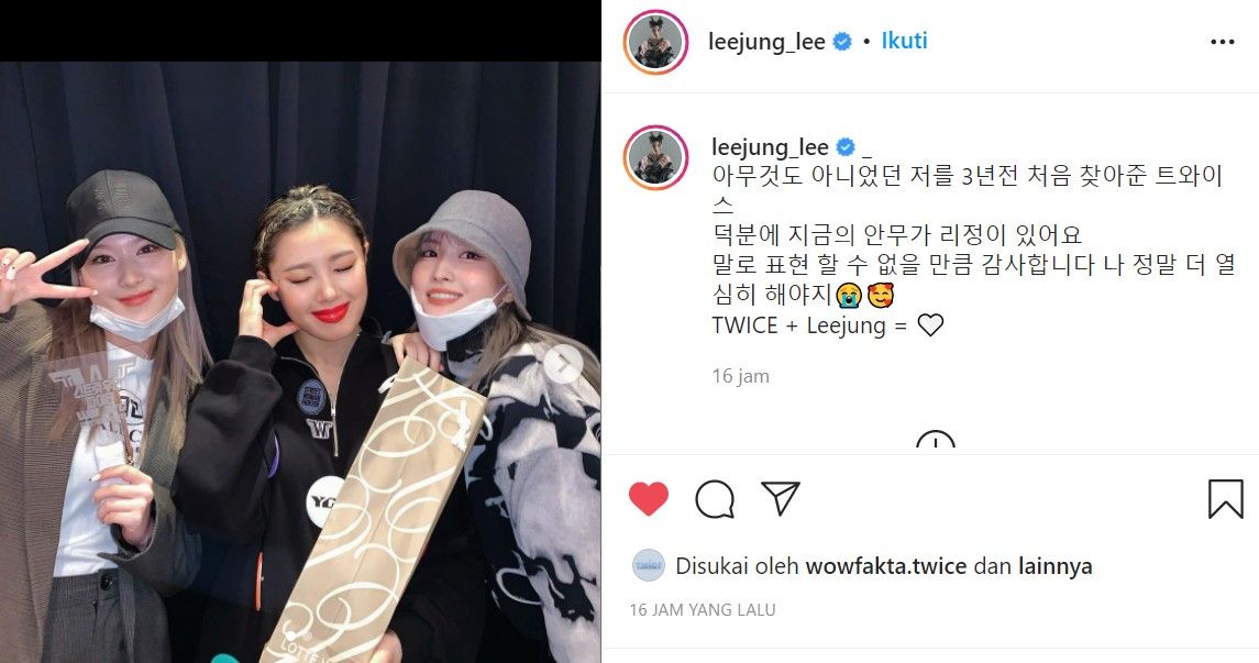  Postingan Leejung Lee YGX untuk ucapan terima kasih kepada Sana dan Momo TWICE / Tangkapan layar Instagram @leejung_lee