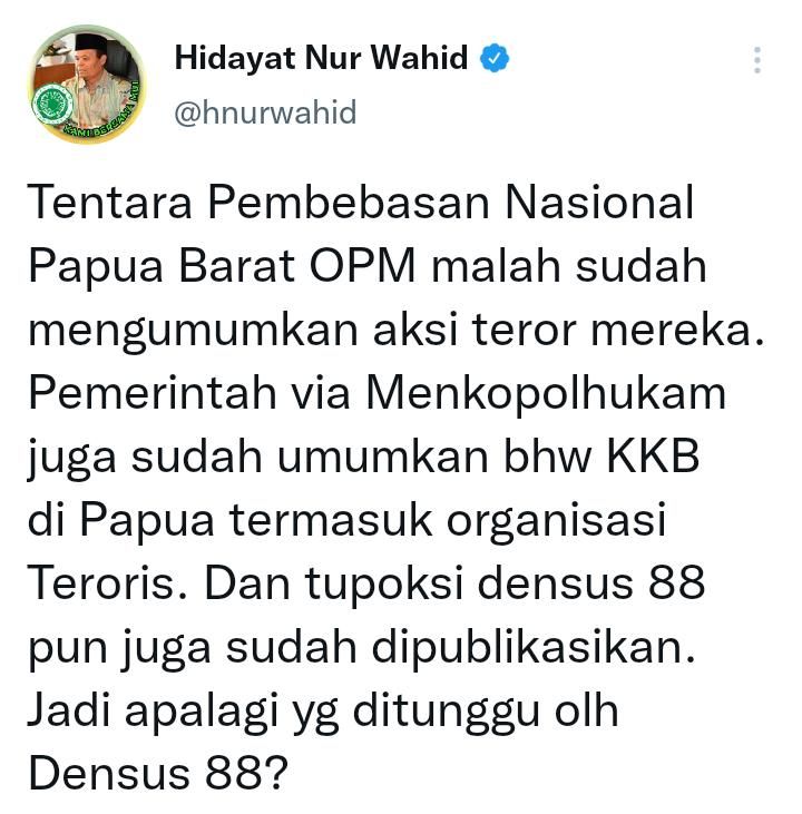 Cuitan Hidayat Nur Wahid Politis PKS/Twitter/@hnurwahid.