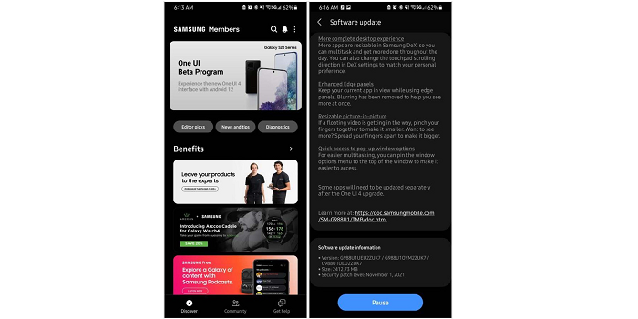 Program beta One UI 4.0 berbasis Android 12 untuk seri smartphone Samsung Galaxy S20 dan Samsung Galaxy Note 20 pada aplikasi Samsung Members.