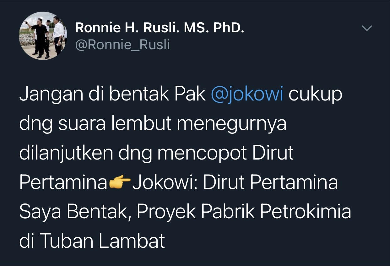 Cuitan Ronnie Rusli yang menanggapi soal Presiden Jokowi membentak Dirut Pertamina, Nicke Widyawati.
