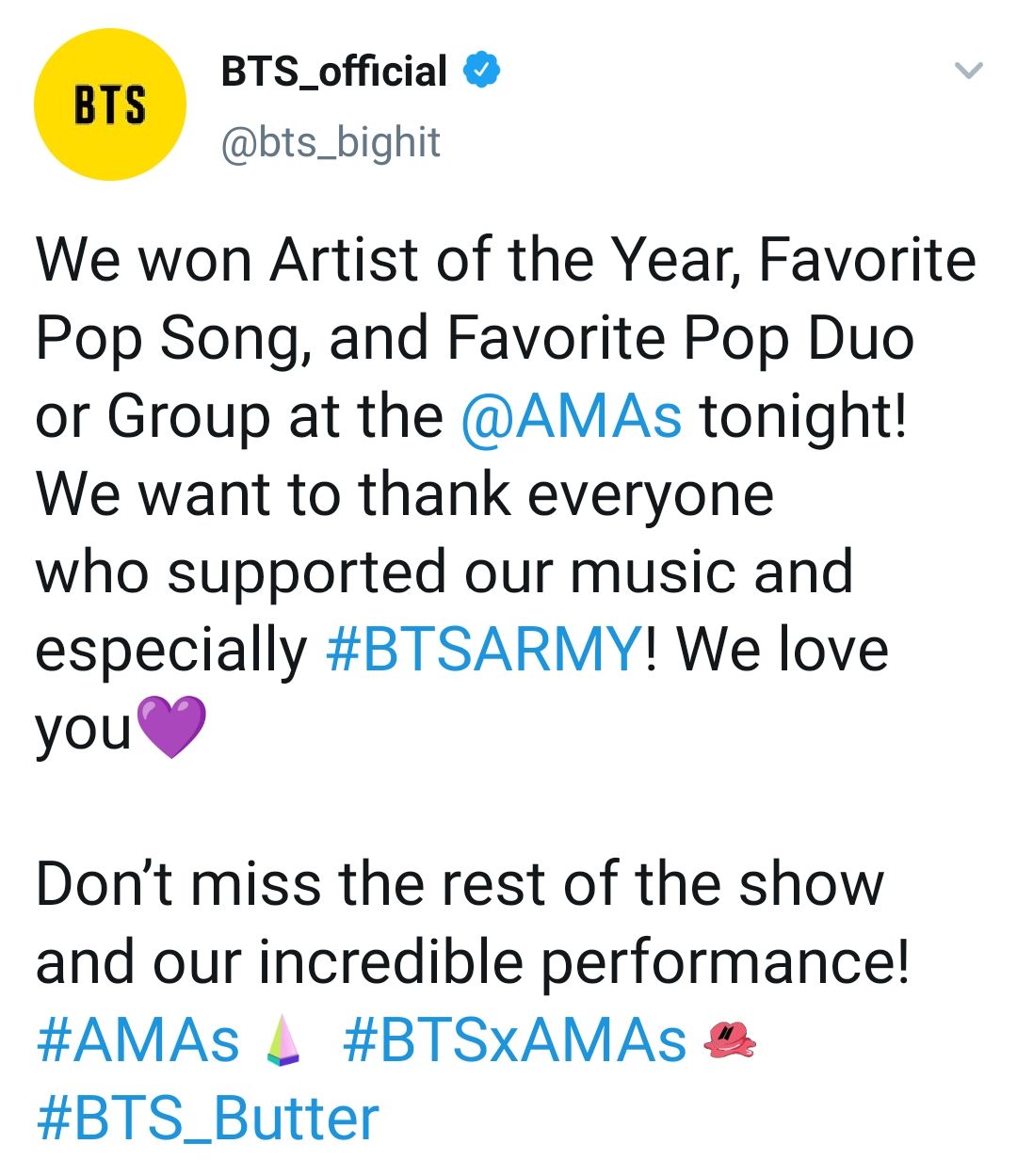 BTS ungkap kegembiraan setelah sabet tiga penghargaan di American Music Awards 2021.
