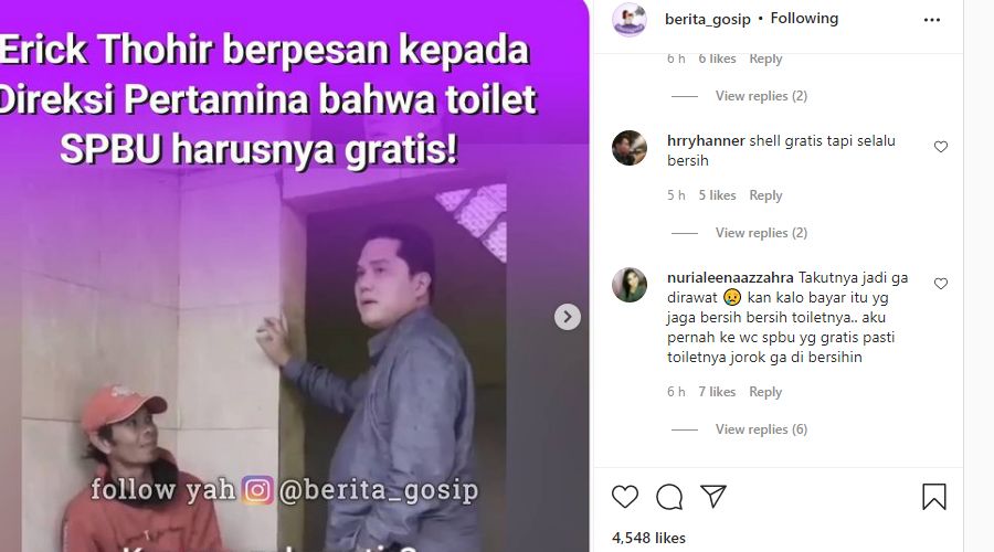 Erick Thohir Minta Direksi Pertamina Supaya Toilet SPBU Gratis, Netizen: yang Gratis Pasti Toiletnya Jorok