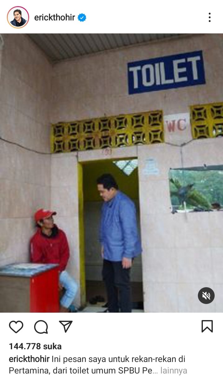 Menteri BUMN Erick Thohir kaget saat mengetahui salah satu fasilitas umum toilet di SPBU tidak gratis