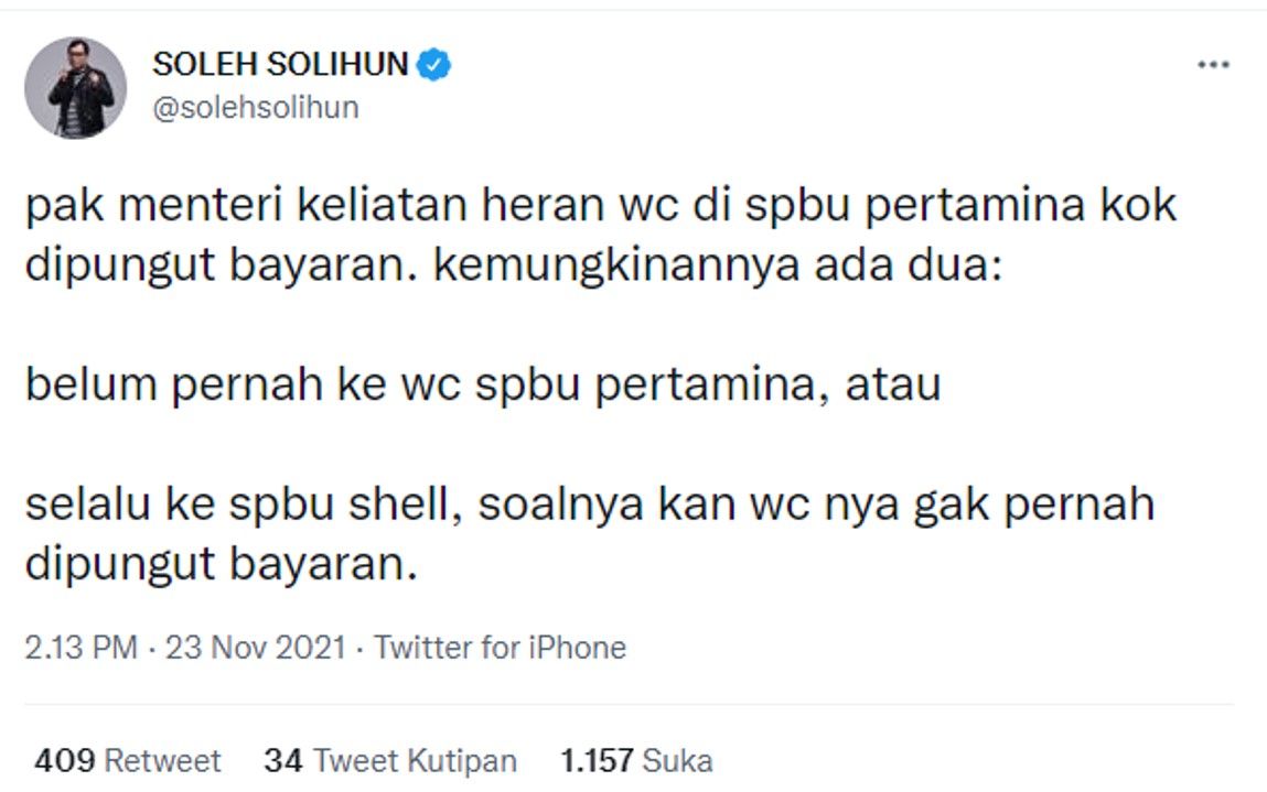 Soleh Solihun menyentil Erick Thohir soal keherannnya harus bayar di WC Stasiun Pengisian Bahan Bakar Umum (SPBU).*