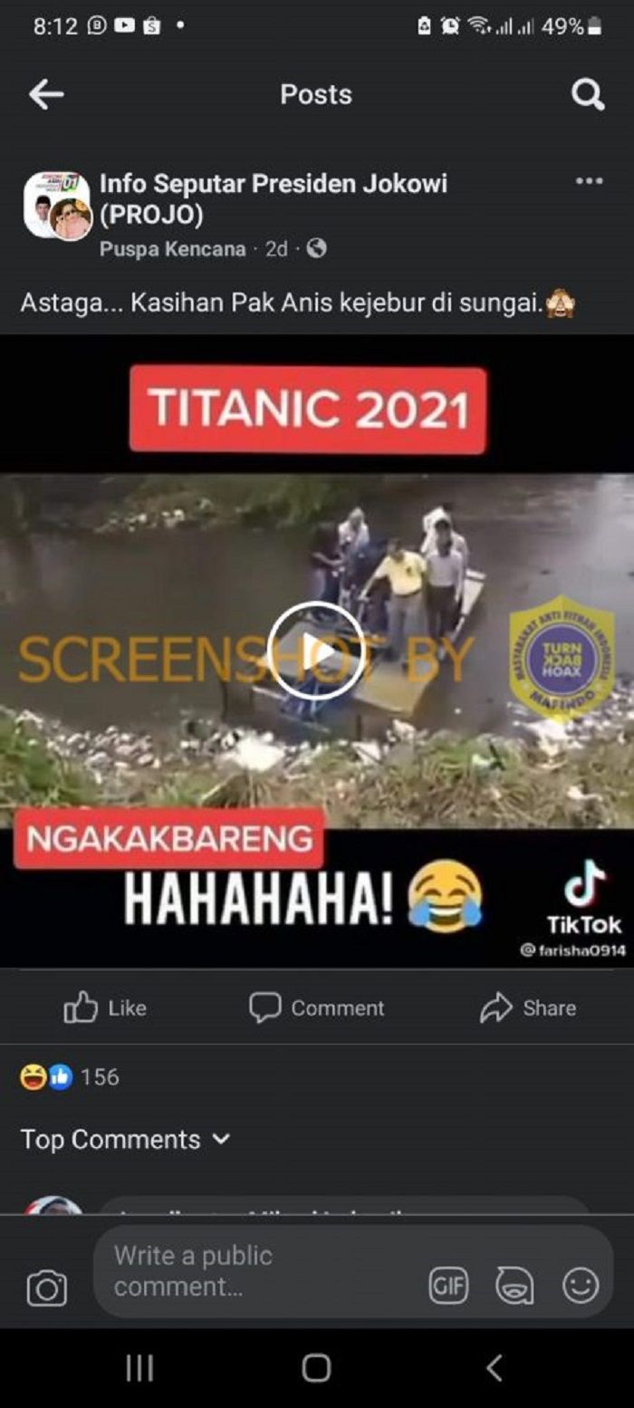 HOAKS - Beredar sebuah video yang menyebut jika perahu Gubernur DKI Jakarta, Anies Baswedan tercebur ke dalam sungai.*