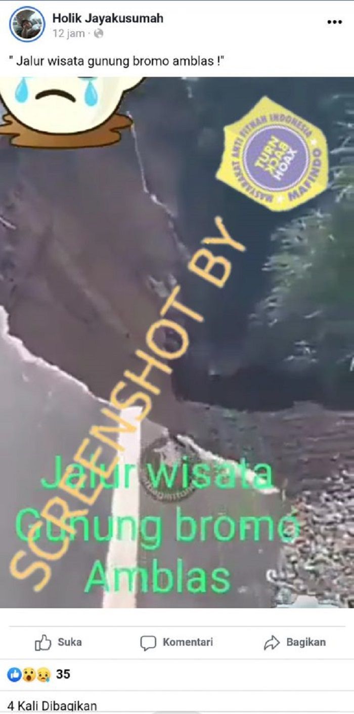 HOAKS - Beredar sebuah video yang menyebutkan jika jalur wisata ke Gunung Bromo amblas. Faktanya, jalan tersebut di luar Probolinggo.*