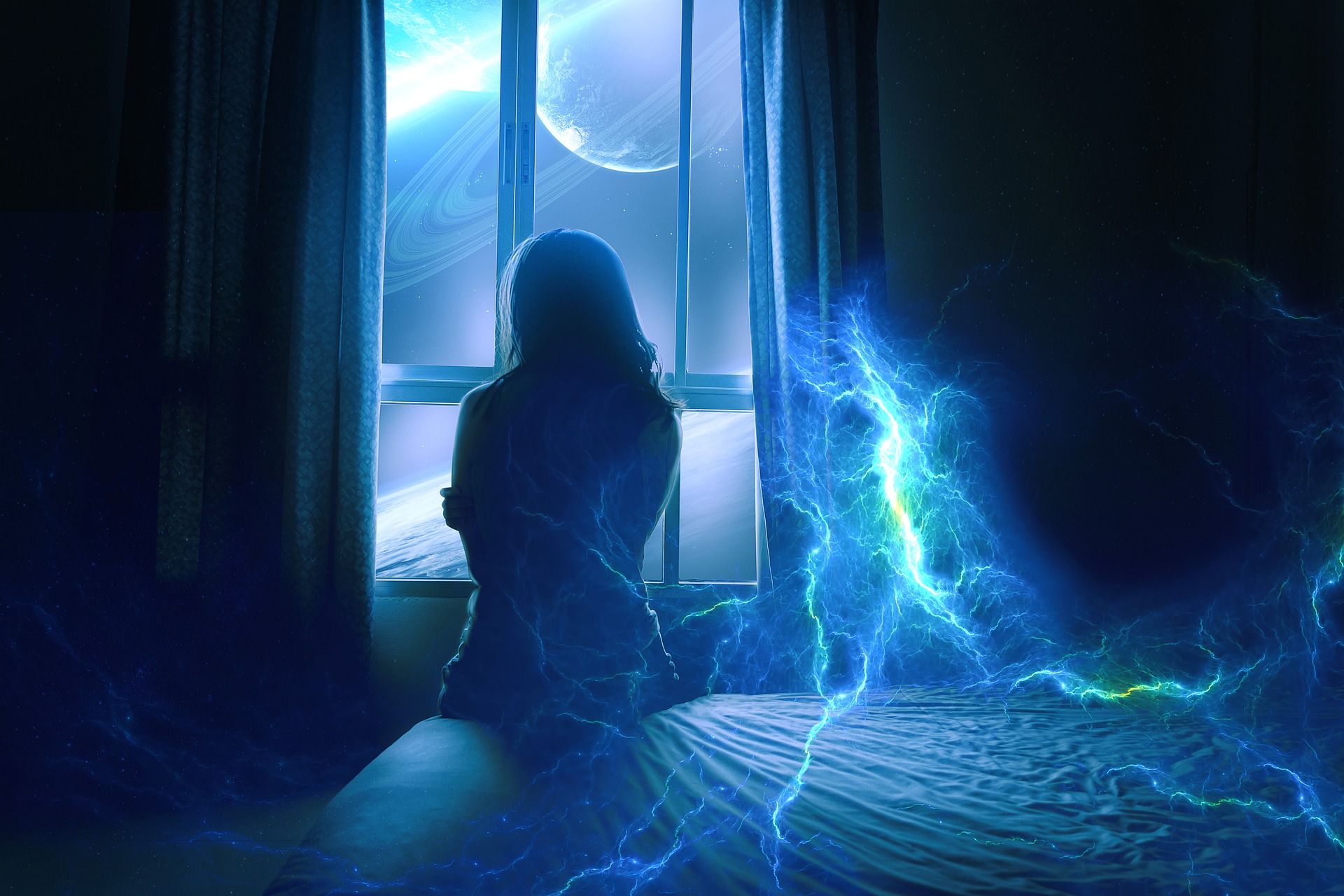  A woman sitting on a bed and looking out the window at a starry night sky with a bright shining guardian spirit.
