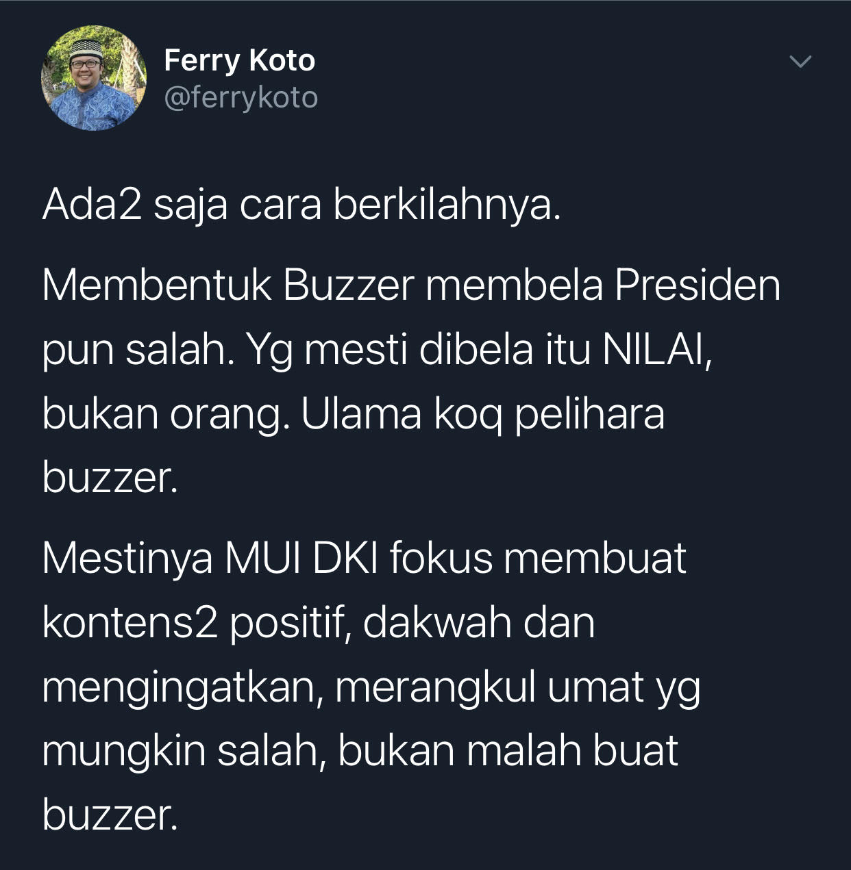 Cuitan Ferry Koto mengkritik MUI DKI Jakarta usai menyebut pembentukan Cyber Army untuk membela Jokowi, bukan hanya Anies Baswedan.