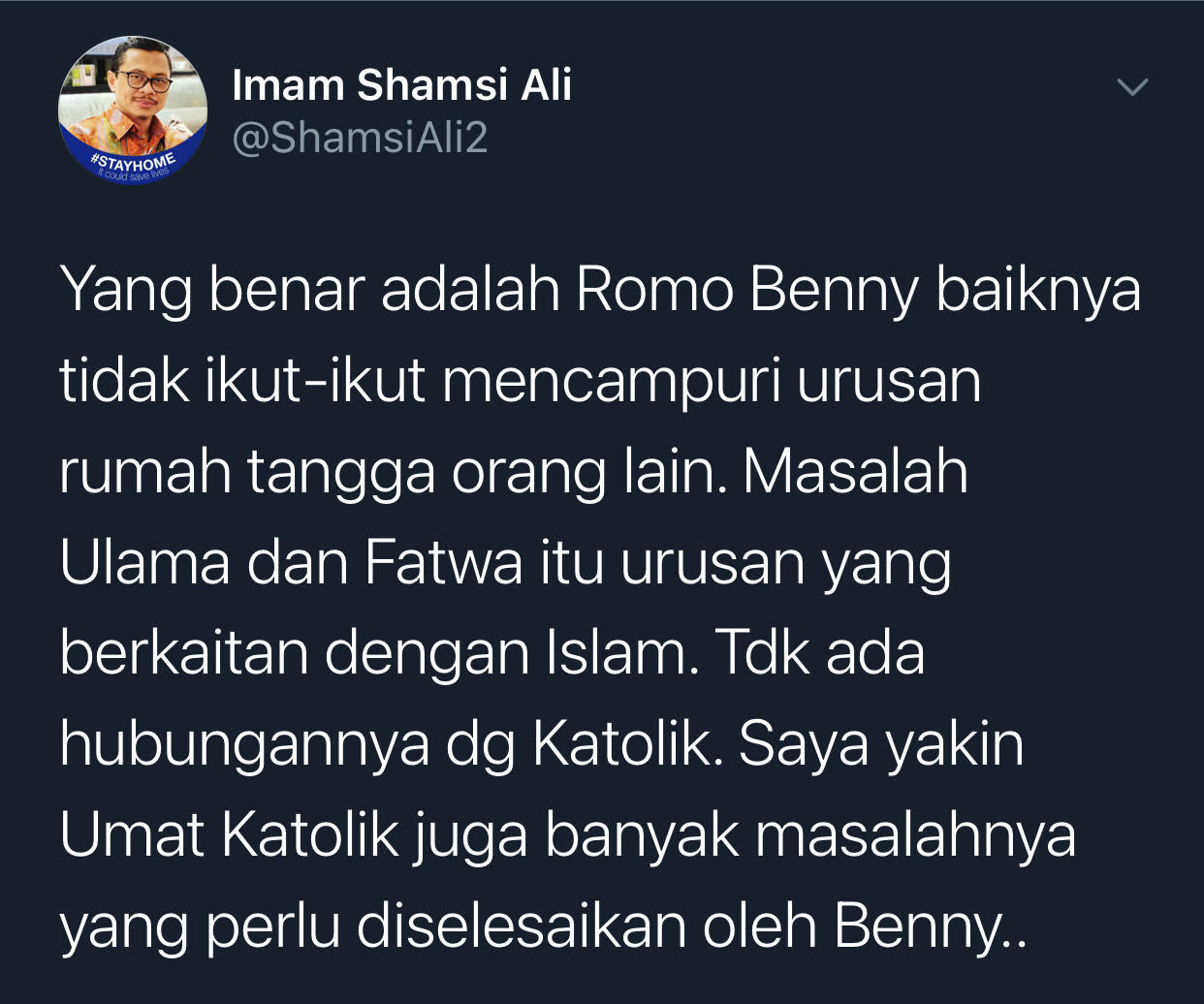 Cuitan Shamsi Ali yang minta Romo Benny tak usah ikut campur urusan rumah tangga MUI.