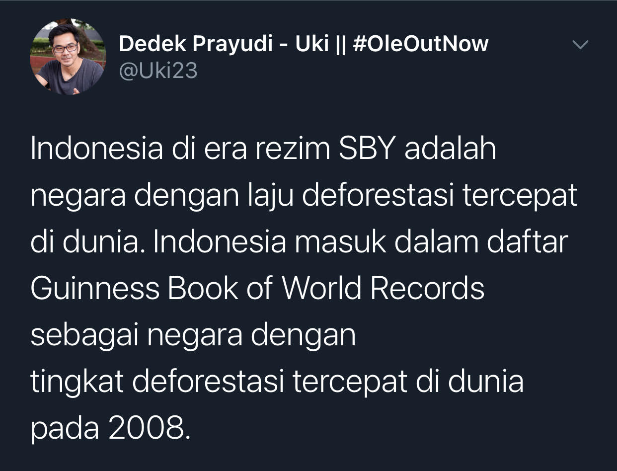 Cuitan Dedek Prayudi soal rezim SBY punya laju deforasti tercepat, yang mana menyinggung sindiran Cipta Panca untuk Menteri LHK soal tanam pohon.
