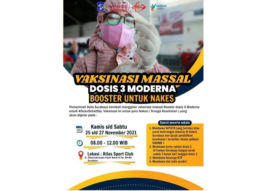 info vaksin booster 3 moderna untuk nakes pada 26 dan 27 November 2021 di Surabaya.