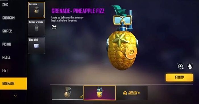 lustrasi hadiah Kode Redeem FF 28 November 2021, Grenade Pineapple Fizz atau Granat Nanas. 