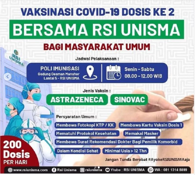 Info Vaksin di RSI UNISMA Malang Senin-Sabtu, Dosis 2 Sinovac dan AstraZeneca,