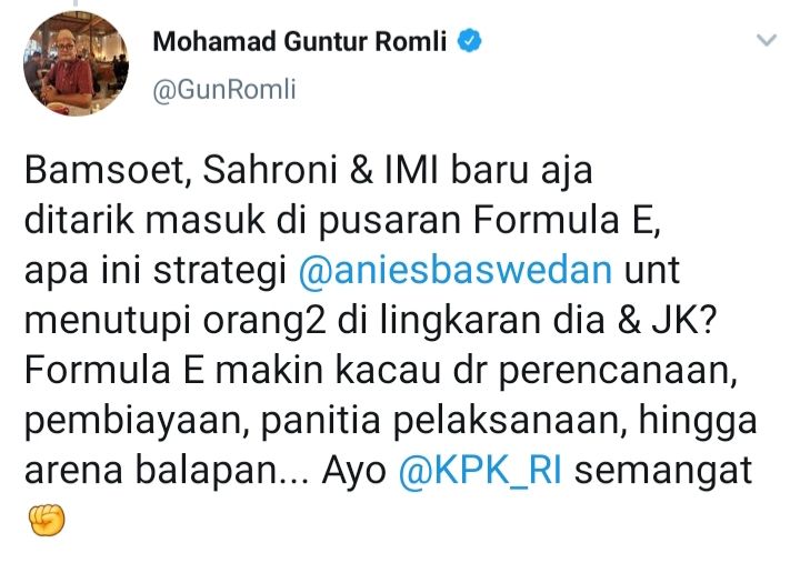 Cuitan Guntur Romli yang mengomentari soal Anies Baswedan menunjuk Bambang Soesatyo dan Ahmad Sahroni masuk di pusaran Formula E.
