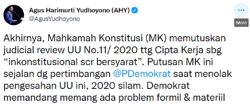 Cuitan Agus Harimurti Yudhoyono soal UU Cipta Kerja.