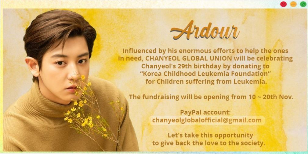 Donasi yang dipersembahkan kepada Yayasan Leukimia Anak di Korea Selatan atas nama Chanyeol EXO