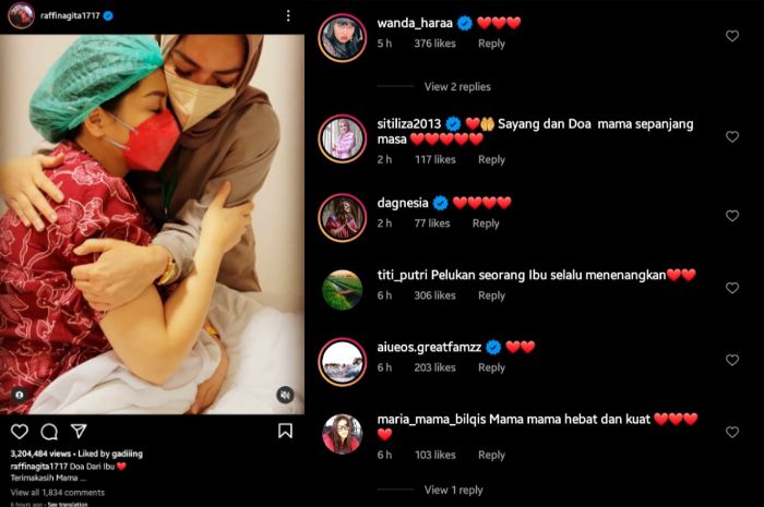 Postingan dan kolom komentar Instagram Raffi Ahmad dan Nagita Slavina.