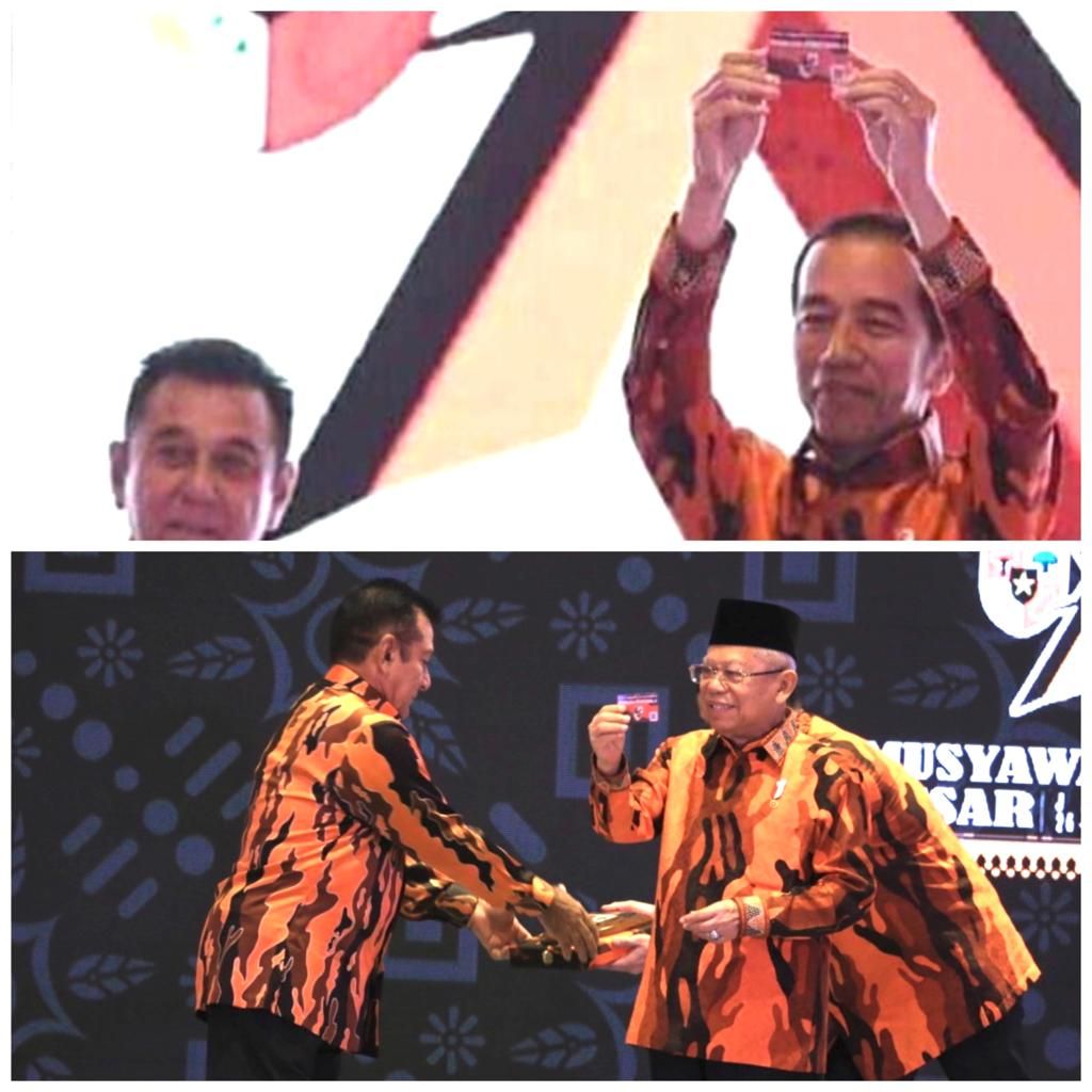 kolase foto Presiden Jokowi dan Wapres Amin Maruf menunjukkan KTA sebagai Anggota kehormatan Pemuda Pancasila