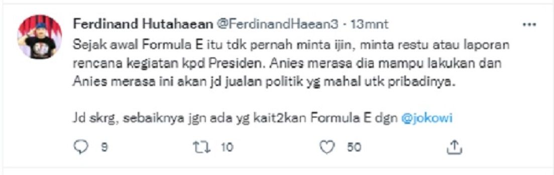Ferdinand Hutahaean meminta semua pihak untuk tidak mengaitkan Jokowi dengan masalah Formula E DKI Jakarta.*