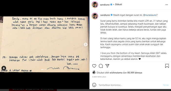 Sandiaga Uno mengunggah surat cinta dari pacar 31 tahun lalu yang ternyata kini menjadi kenyataan.