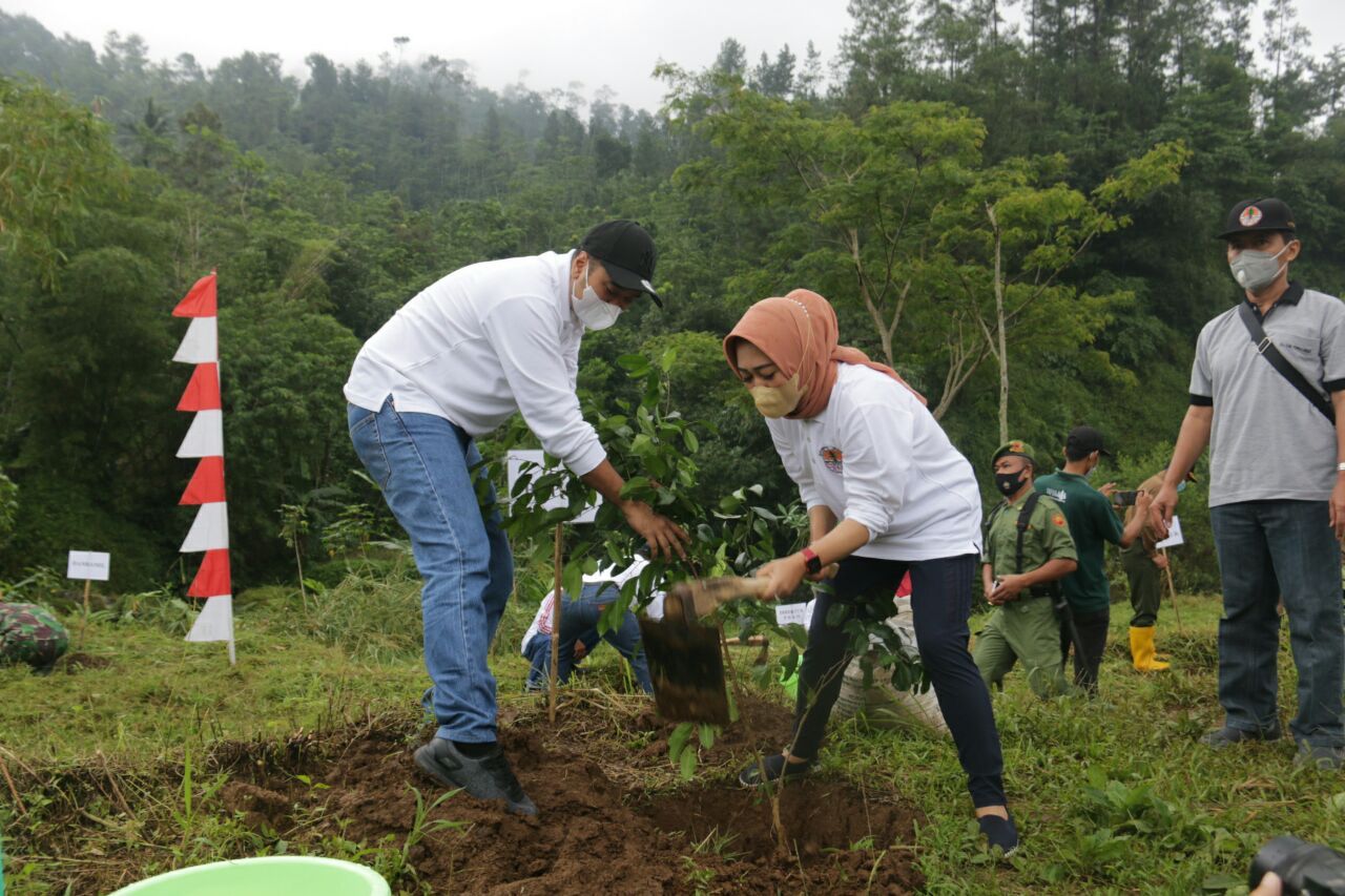 Bupati Purbalingga, Dyah Hayuning Pratiwi didampingi suami Rizal Diansyah bersama Pecinta alam lintas komunitas melakukan penanaman 1000 pohon untuk konservasi mata air. 