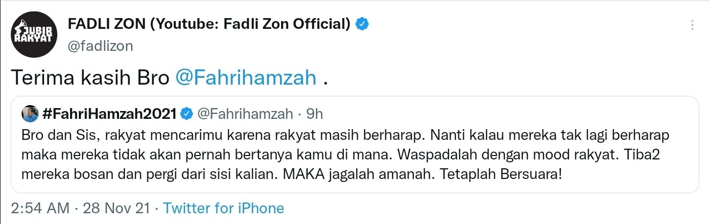Cuitan Twitter Fahri Hamzah dan balasan Fadli Zon.
