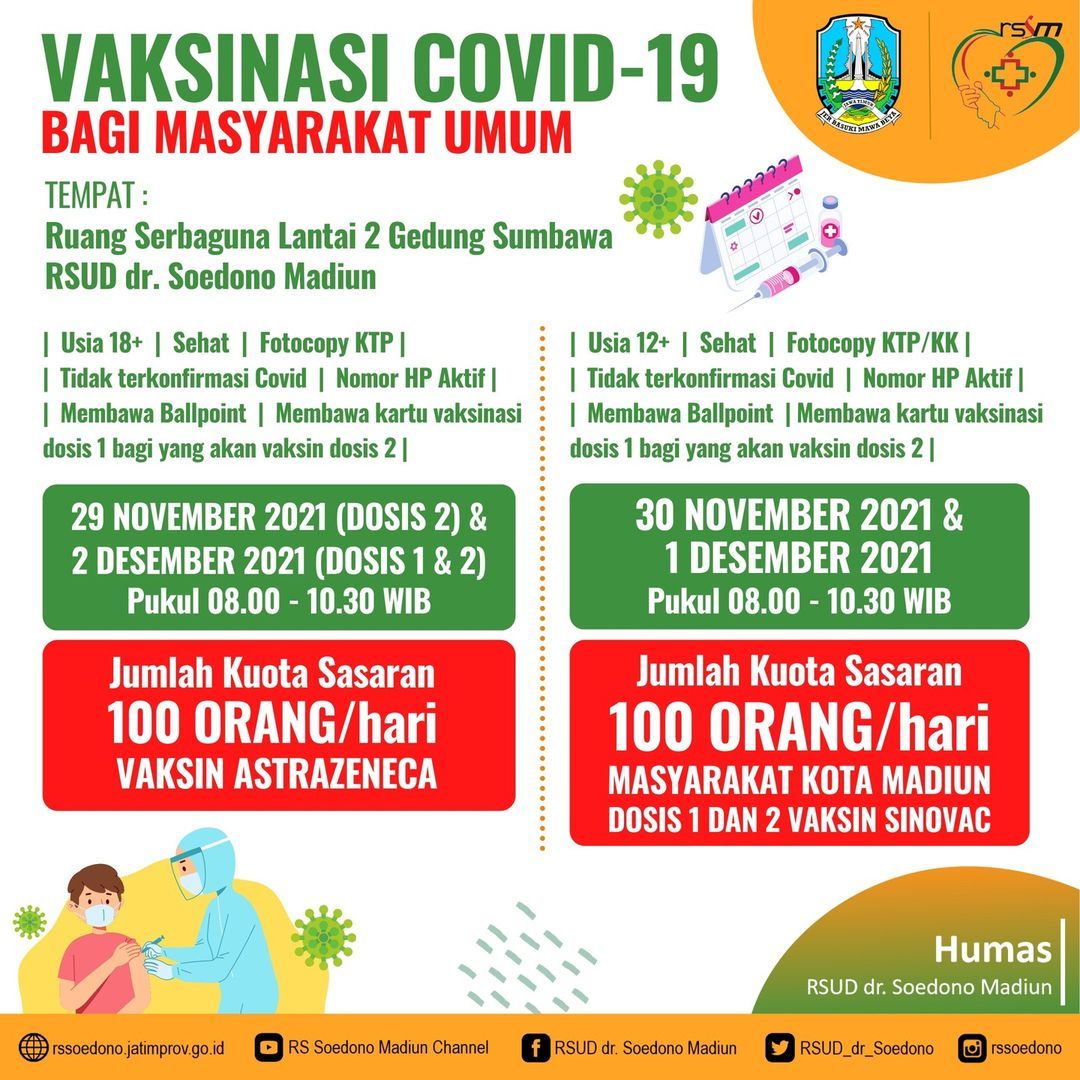 Info Vaksin Madiun di RSUD Dr Soedono, Senin-Kamis 29 November-2 Desember 2021