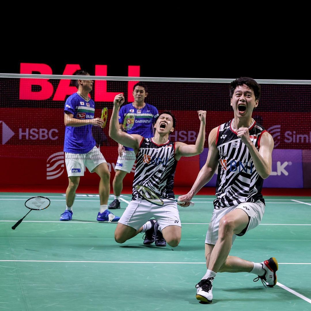 Kevin/Gideon saat memenangkan pertandingan melawan Takuro Hoki/Yugo Kobayashi