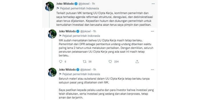 Presiden Jokowi menanggapi terkait putusan MK soal UU Cipta Kerja.