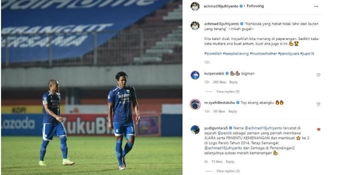 Legenda Persib, Yudi Guntara memberikan semangat pada Achmad Jufriyanto cs untuk menatap laga selanjutnya di BRI Liga 1.