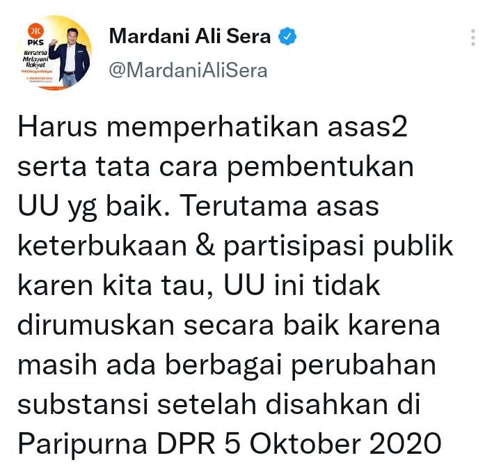Cuitan Mardani Ali Sera Politisi PKS/Twitter/@MardaniAliSera