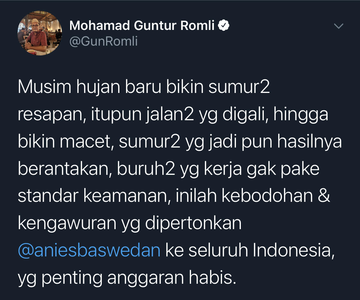 Cuitan Guntur Romli yang kembali menyoroti pembuatan sumur resapan di DKI Jakarta di tengah musim hujan.