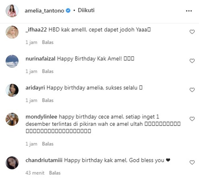 Netizen Ucapkan Selamat Ulang Tahun untuk Amelia Tantono