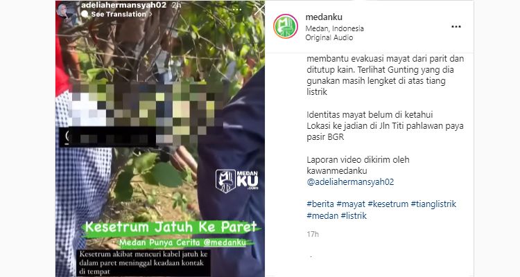 Tangkapan layar instagram Medanku yang perlihatkan adanya mayat Terduga Maling Kabel Listrik yang Kesetrum dan Jatuh ke Parit.