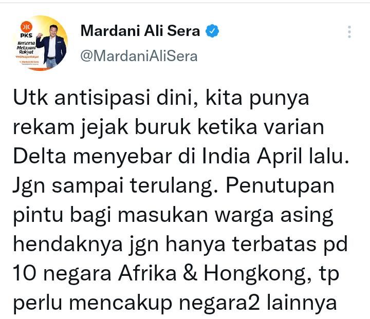 Cuitan Mardani Ali Sera Politisi PKS/Twitter/@MardaniAliSera 