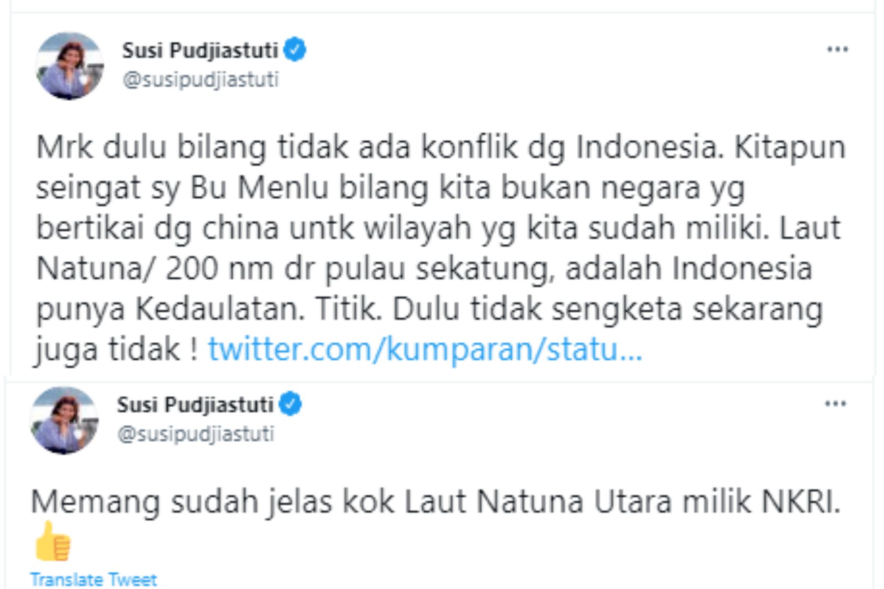 Susi Pudjiastuti menyinggung soal China yang protes pada Indonesia perihal Laut Natuna Utara dan ungkap hal ini