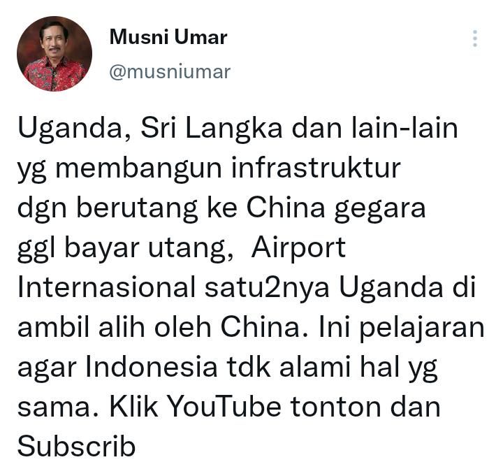 Cuitan Musni Umar Rektor Universitas Ibnu Chaldun/Twitter/@musniumar