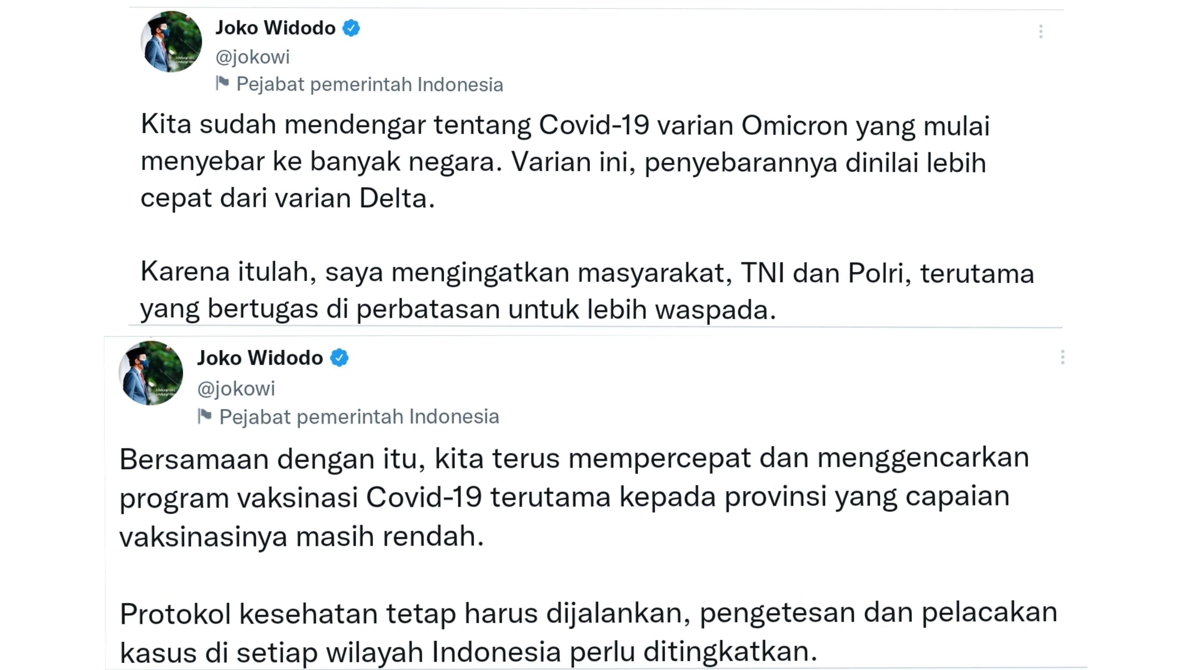 Presiden Joko Widodo (Jokowi) pun meminta agar semua pihak lebih waspada melihat varian Omicron Covid-19 lebih menular.