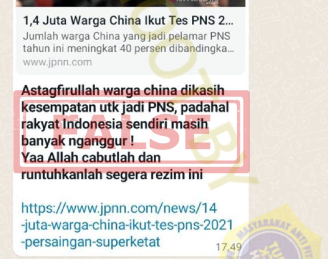 Pesan berantai WhatsApp dengan narasi warga China berkesempatan untuk jadi PNS di Indonesia