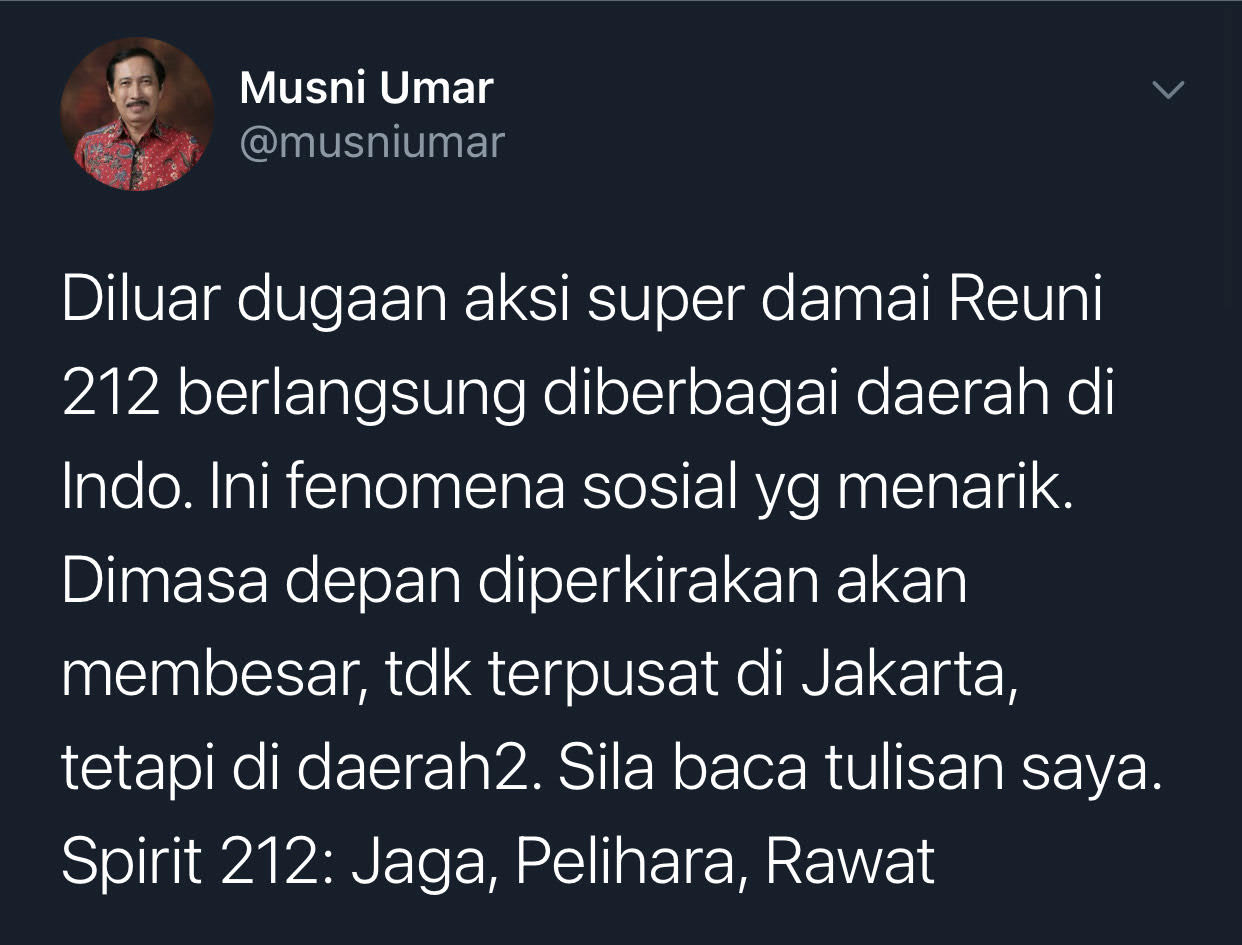 Cuitan Musni Umar yang melontarkan harapannya mengenai aksi Reuni 212.