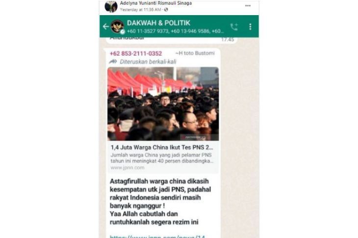 Pesan berantai hoaks yang menyebut Indonesia memberikan kesempatan kepada warga China untuk menjadi pegawai negeri sipil. (WhatsApp)