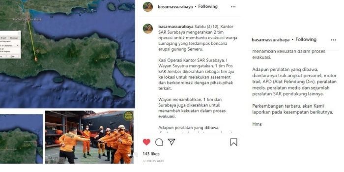 Basarnas turunkan dua tim dari SAR Surabaya dan Jember untuk membantu mengevakuasi warga terdampak letusan Gunung Semeru.