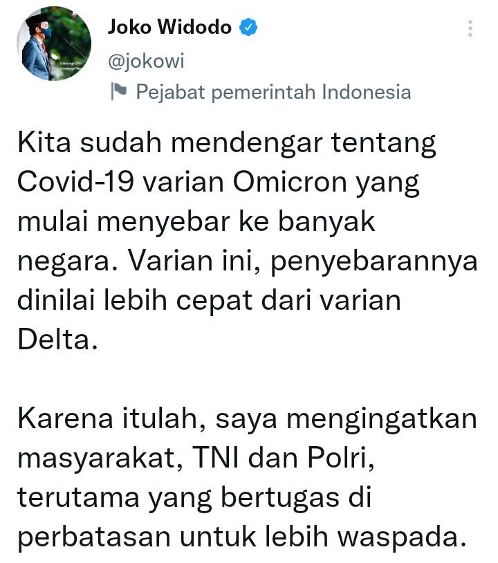 Cuitan Presiden Jokowi/Twitter/@jokowi