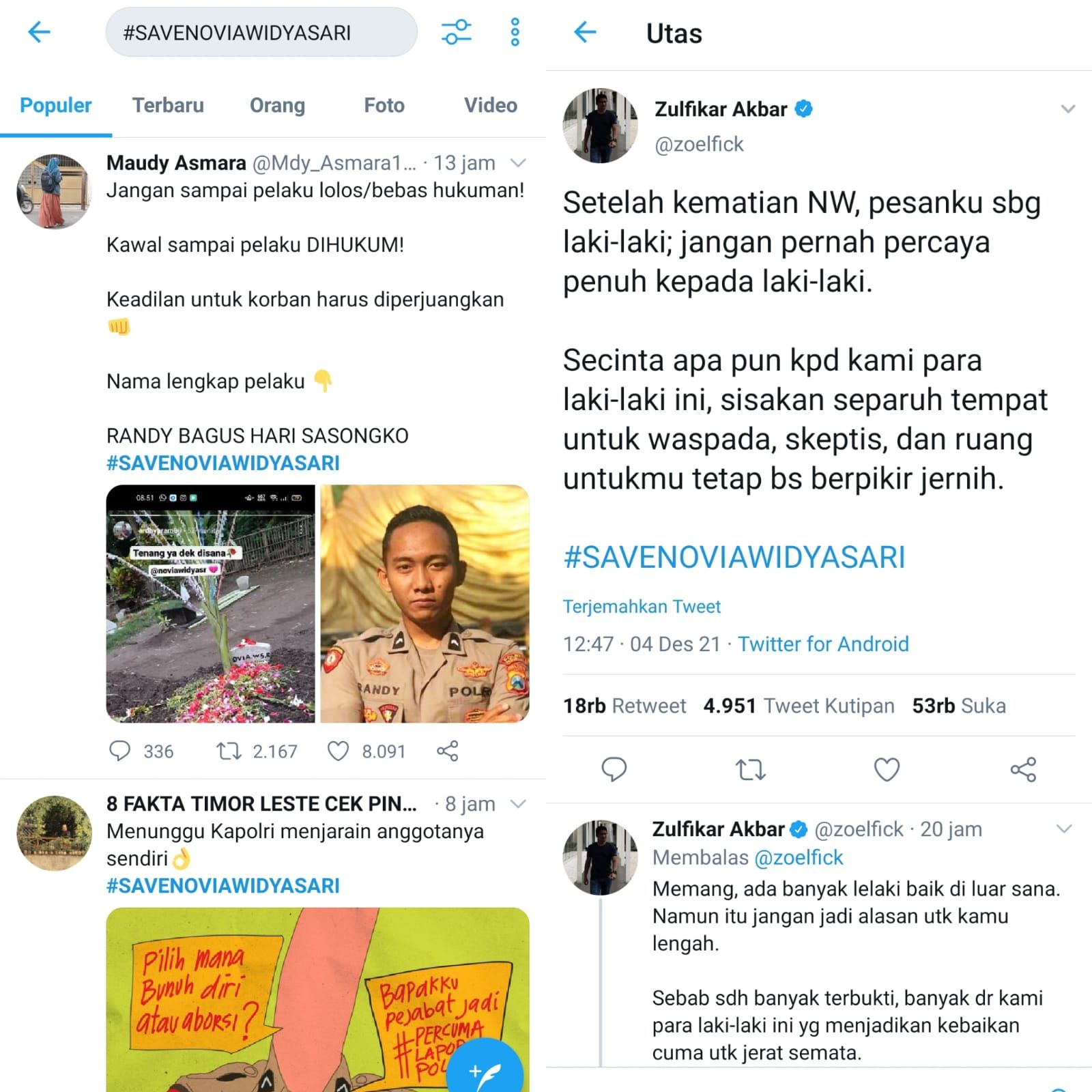 Komentar netizen di twitter atas kasus yang menimpa Novia Widyasari Rahayu