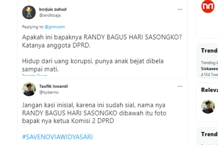 Postingan netizen di Twitter tentang Novia Widyasari. 