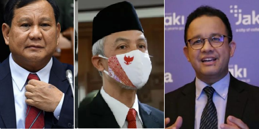 Elektabilitas Prabowo Subiant, Ganjar Pranowo, dan Anies Baswedan berdasar survei terbaru Indonesia Political Opinion